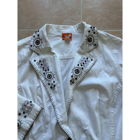 Hearts of Palm White Brown Wood Beads Pockets 3/4 Sleeve Cropped Jacket size 16W - Picture 3 of 13